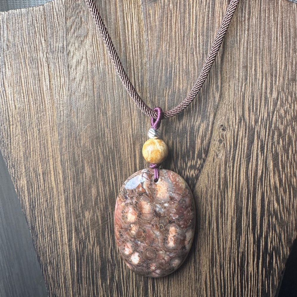 Ocean Jasper Pendant Necklace, Palo Santo Bead on Brown Rope - Picture 8 of 11
